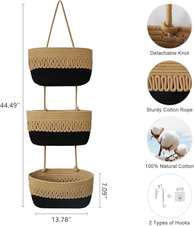 danpinera Over the Door Hanging Baskets for Organizing, 3-Tier Hanging Wall Basket for Storage, Woven Cotton Rope Baskets Storage Decorative for Nursery, Bedroom, Living Room, Kitchen, Jute & Black