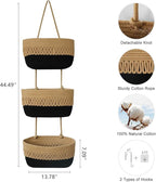 danpinera Over the Door Hanging Baskets for Organizing, 3-Tier Hanging Wall Basket for Storage, Woven Cotton Rope Baskets Storage Decorative for Nursery, Bedroom, Living Room, Kitchen, Jute & Black