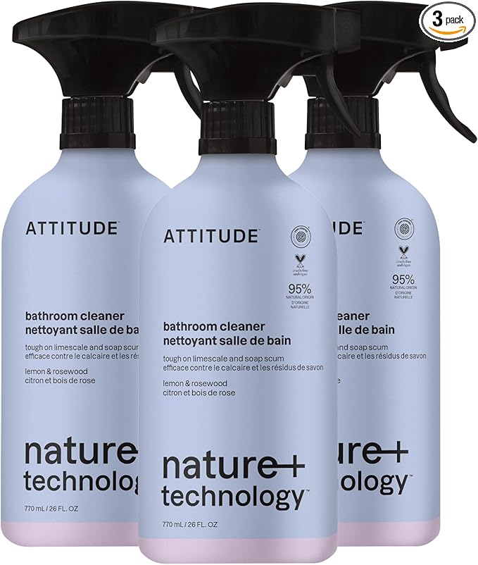 ATTITUDE Bathroom Cleaner Spray, Natural Origin Ingredients, EWG Verified, Eliminates Soap Scum, Limescale, Streak Free, Lemon & Rosewood, 26 Fl Oz (Pack of 3)