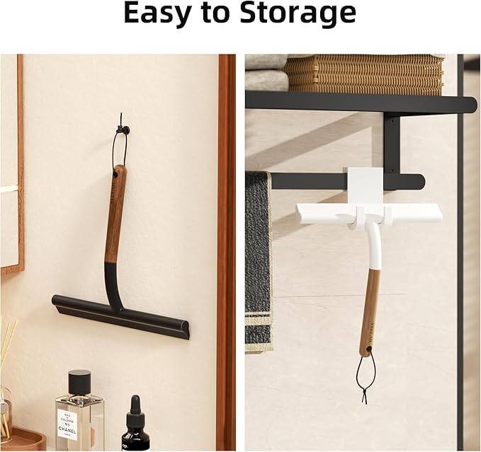 Shower Squeegee for Shower Glass, Bathroom Glass Cleaning Tool with Hook Mount, Squeegee for Glass Doors, Window Cleaning, Tile Shower Walls (Black+Wood)