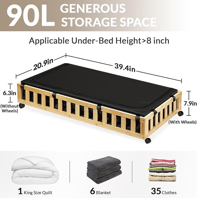 2 Pack Bamboo Under Bed Storage with Wheels, 39”x20”x7.8” Lager Under Bed Storage Containers (Natural)