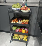 Stable 4 Tier Rolling Metal Storage Organizer, Heavy Duty Kitchen Rolling Cart, Metal Top Vegetable Storage Cart with Wheels for Kitchen Pantry Utility Use (Black)