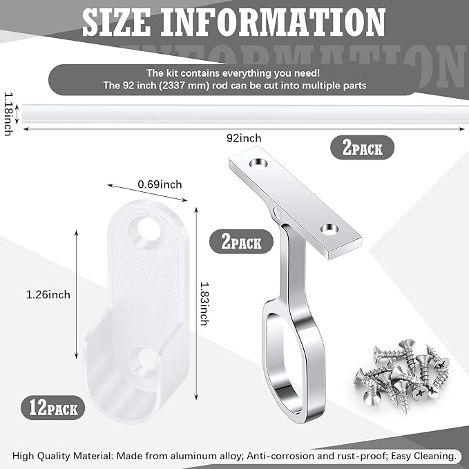 Tandefio Chrome Closet Rod 92 Inch with Oval Closet Rod 6 End Supports for Laundry Room Hanging Clothes Waterproof Shower for Curtains(White)