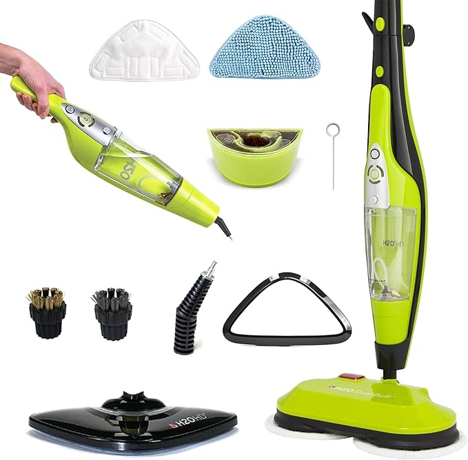 H2O HD Dual Buff Steam Mop, 8 in 1 Handheld Steam Cleaner For Kitchen Tile Floors, Hardwood Floors, Grout Cleaner, Upholstery Cleaner and Carpets, 2 washable scrub pads, 8 cleaning accessories