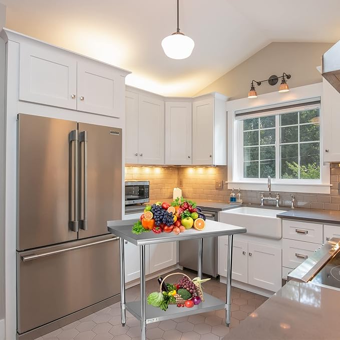 STABLEINK NSF Stainless Steel Table, 24 x 48 Inches Metal Prep & Work Table with Backsplash, Adjustable Undershelf and Table Foot, for Commercial Kitchen, Restaurant (Without Caster Wheels)