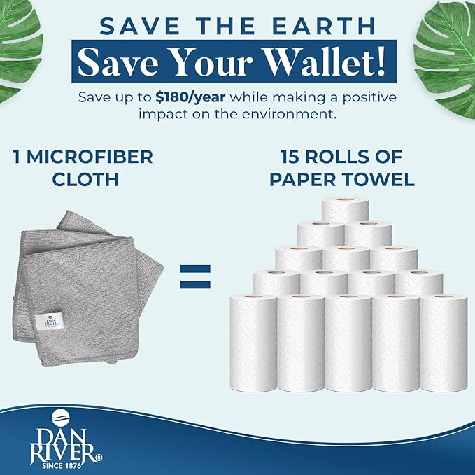 DAN RIVER 12-Pack Microfiber Towels – Ultra Absorbent, Lint-Free & Streak-Free Cleaning Cloths for Home, Car & Kitchen - Must-Have Cleaning Essentials - 12" x 12" - Gray White