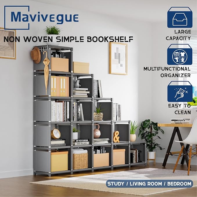 Mavivegue Book Shelf, 16 Cube Storage Organizer, DIY Bookcase, Metal Cube Bookshelf,Tall Book case for Bedroom, Living Room,Office,Closet Storage Organizer, Grey Cubicle Storage Rack
