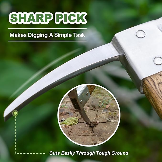 Haliaeetus Pick Axe, Stainless Steel Mattock with Sharp Pick and Cutting Edge for Breaking up Heavy Clay Soil, and Removal of Difficult Weeds, Garden Pick with Wood Handle for Digging, Loosening Soil