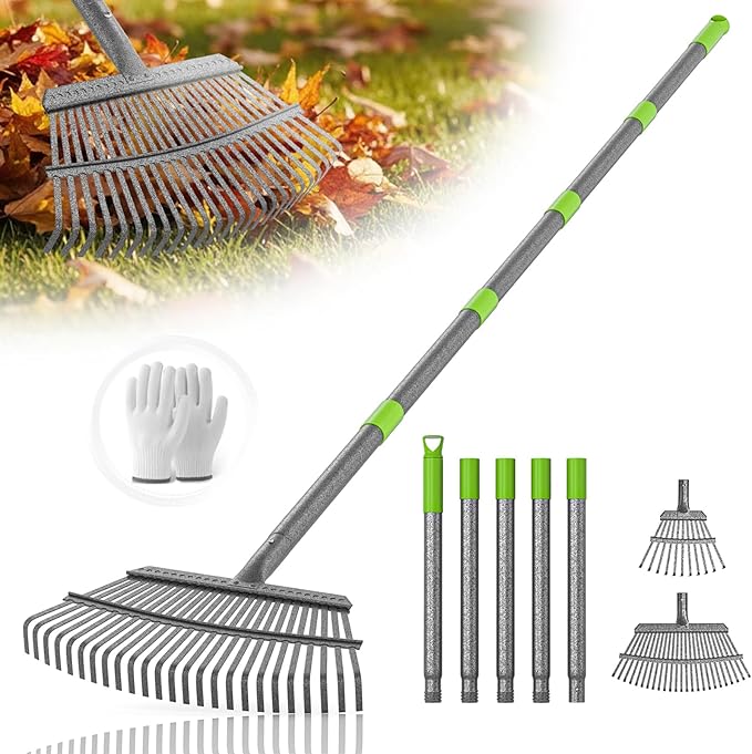 GARDENWORK Rake for Leaves,11&25 Tines Rakes for Lawns,73" Adjustable Garden Rake,Metal Leaf Rakes for Picking Leaves Yard Women Kids Cleanup Grass,Debris,Pine Needles Pick