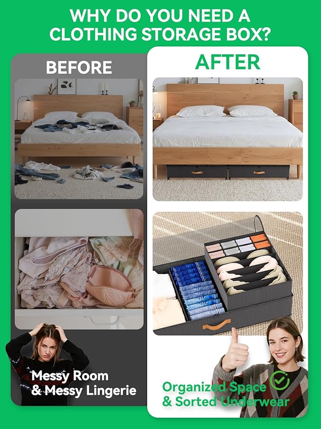 2Pack Under Bed Storage with Wheels+1Pack Underwear Storage, Scalable Under Bed Shoe Storage Containers, Clothes Organizer & Bedroom Furniture Organizers (Underwear Storage Style)