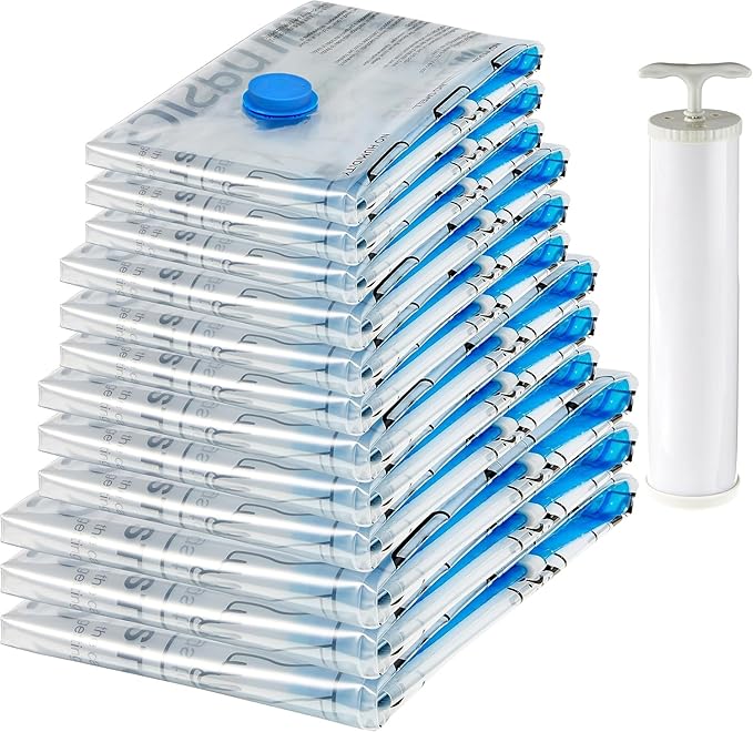 Amazon Basics Vacuum Storage Bags with Hand Pump for Travel, Space Saving Compression Bags for Clothes and Blankets, Clear, 12 Pack (3 Small, 3 Medium, 3 Large & 3 Jumbo)
