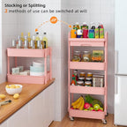 Calmootey 4-Tier Rolling Utility Cart with Drawer,Multifunctional Storage Organizer with Plastic Shelf & Metal Wheel,Storage Cart for Kitchen,Bathroom,Living Room,Office,Pink