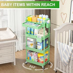 Goovilla 4 Tier Rolling Utility Cart Organizer with Removable Drawer, Stable and Sturdy Green Rolling Storage Carts with 2 Lockable Wheels for Bathroom, Kitchen, Snack, Craft, Makeup, Baby Essentials
