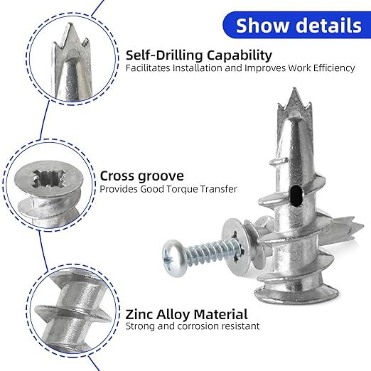 #8 * 1-1/4" Dry Wall Anchors and Screw Kit, Self Drilling Zinc Alloy Anchors，50 Wall Anchors and 50 Screws for Drywall，Holds Up to 75 LBS