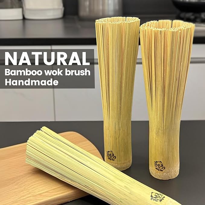 2 Pack Bamboo Wok Brush for Carbon Steel Pot Scrubber,Chinese Natural Kitchen Cleaning Brushes for Wok Cleaner Scrub Brush for Dishes&Pan&Teapot,Asian Wokbrush Bottle,Basting Scrubber for Cast Iron