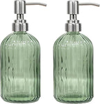 14Oz Green Soap Dispenser Bathroom - 2 Pack, Clear Glass Hand Soap Dispensers with Stainless Steel Pump, Refillable Dish Soap Dispenser with Funnel for Kitchen, Countertop Soap Dispensers