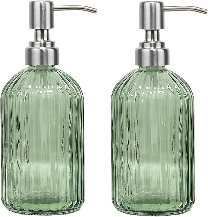 14Oz Green Soap Dispenser Bathroom - 2 Pack, Clear Glass Hand Soap Dispensers with Stainless Steel Pump, Refillable Dish Soap Dispenser with Funnel for Kitchen, Countertop Soap Dispensers