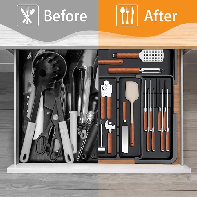 Large Utensil Drawer Organizer for Kitchen, Expandable Silverware Organizer Utensil Holder, Cutlery and Flatware Cooking Tray, Kitchen Drawer Organizers and Storage with Removable Knife Block, Black