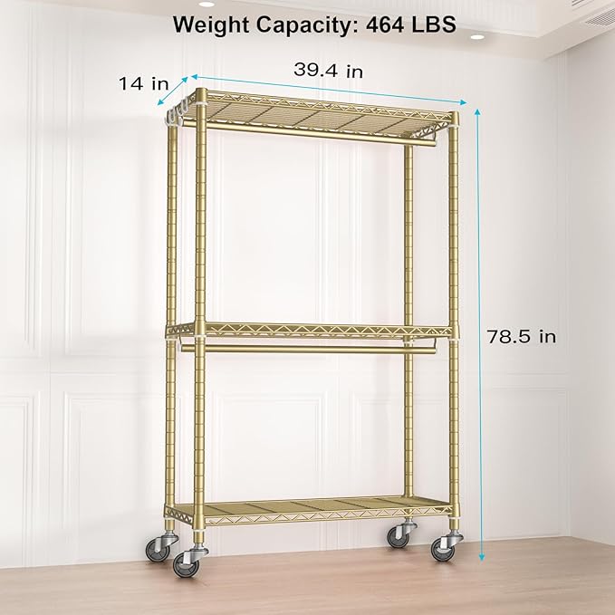 P3 Rolling Clothes Rack, Clothing Racks for Hanging Clothes, Heavy Duty Garment Rack with Wheels, Freestanding Portable Closet Organizer 39.4'' W x 14'' D x 78.5'' H, Max Load 464 LBS, Gold