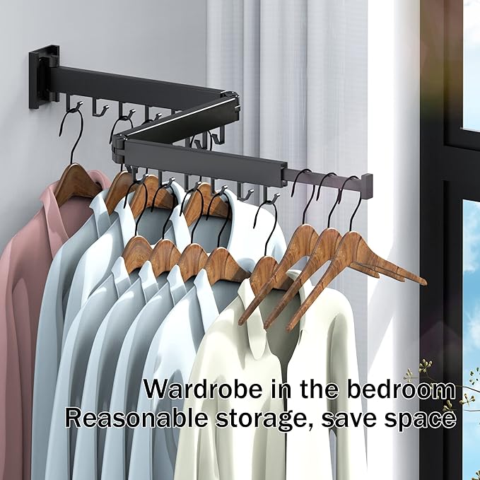 Clothes Drying Rack for Laundry,Wall Mounted Clothes Hanger Rack,Folding,Retractable,Collapsible(J Shape Hooks)