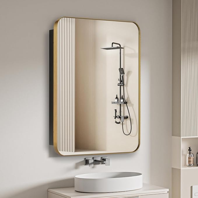 Bathroom Medicine Cabinet,16"x20" Mirror Door with Stainless Steel Brush Gold Frame,Recessed & Surface Wall Cabinet with Removable Glass Shelves,Rust-Resistant Bathroom Storage Cabinet