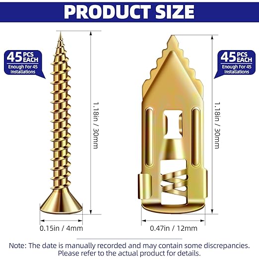 No-Drill Drywall Anchors Kit, Heavy Duty - 90 Pcs (0.47x1.18in) Zinc Plated Steel, 45 Anchors + 45 Self-Tapping Screws | 2025 Upgraded for Easy Wall Mounting (Shelves, Decor, TVs)