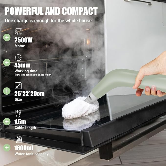 2500W Powerful Handheld Steam Cleaner with 6 Brush Heads - 45 Mins Runtime, 110V Multiuse Steamer for Deep Cleaning Upholstery, Car, Kitchen, Bathroom, Tile & Grout