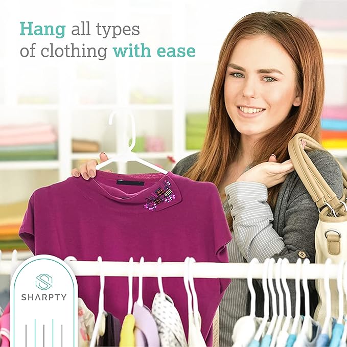 Sharpty Plastic Hangers Clothes Hangers for Clothing, Closet, Coats & Shirts - Notched, Durable, Space Saving - for Everyday Standard Use, Room Essentials & Basics - 50 Pack - White
