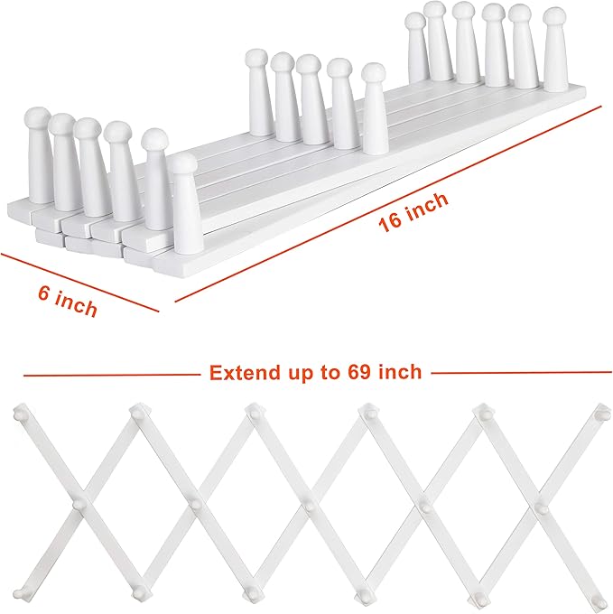 Dseap Accordian Wall Hanger: 16” High Wooden Wall Expandable Coat Rack, Hat Rack Holder, Accordion Hook for Baseball Caps, Coats, Mugs, 17 Peg Hooks, White