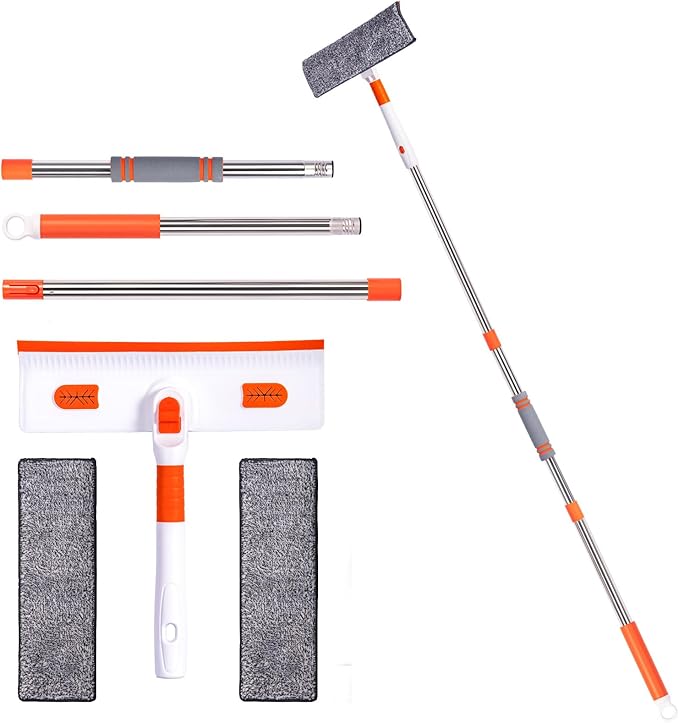 Professional Window Squeegee 2-in-1, Window Cleaner with 55" Extension Pole, Premium Squeegee for Window Cleaning, Streak-Free Window Cleaning Kit for High Windows, Shower Glass, Car Windshield