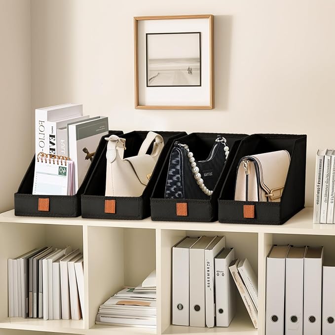 DIMJ Closet Organizers for Purses and Bag Storage, Small Storage Bins Foldable, Storage Baskets for Shelves, Wardrobe, Bedroom, Office - Fabric Cube Storage 4 Pack(Black, 5.9 x 11.8 x 6.7 in)