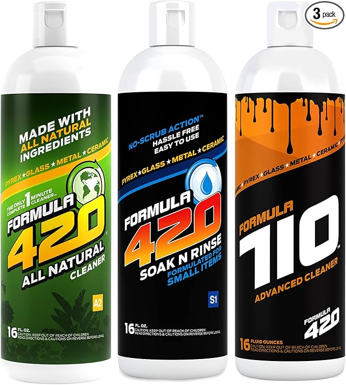 Formula 420 Bundle Pack : 1 Bottle ALL NATURAL Pipe Cleaner - Cleans - Glass, Pyrex, Metal, Ceramic 16 oz, 1 Bottle Soak-N-Rinse 16 oz & 1 Bottle Formula 710 Advanced Cleaner