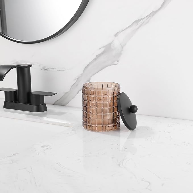 Amber Colored Tranlucent Apothecary Etched Geometric Grid Glass Jar W/Matte Black Metal Lid for Bathroom Organization, Cotton Balls, Q Tips, and Small Accessories, Bathroom Storage