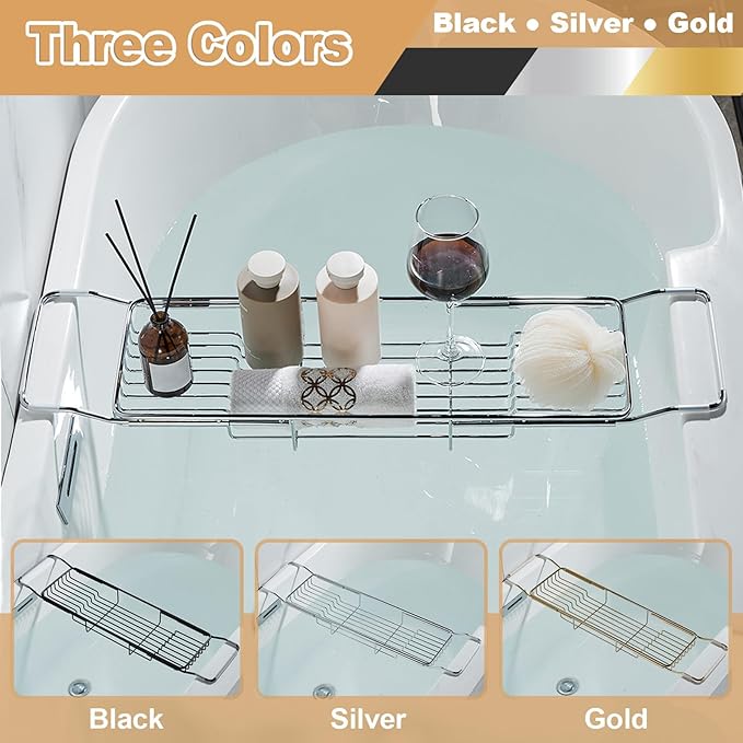 Stainless Steel Bathtub Caddy Tray, Expandable Bath Tub Tray Table, Adjustable Bathroom Tray, Bath Organizer Tub Shelf,Black,26.8~35.4in