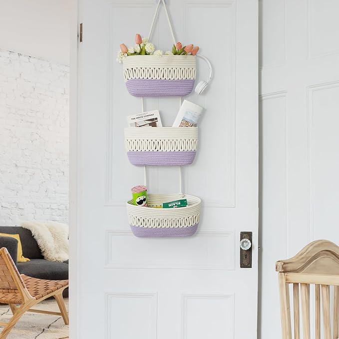 danpinera Over the Door Hanging Baskets for Organizing, 3-Tier Hanging Wall Basket for Storage, Woven Cotton Rope Baskets Storage Decorative for Nursery, Bedroom, Living Room, Kitchen, White & Violet