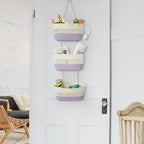 danpinera Over the Door Hanging Baskets for Organizing, 3-Tier Hanging Wall Basket for Storage, Woven Cotton Rope Baskets Storage Decorative for Nursery, Bedroom, Living Room, Kitchen, White & Violet