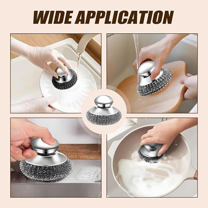 Steel Wool Scrubber with Handle, Cast Iron Scrubber, Stainless Steel Scrubber, with 5 Refills and Long Handle Stainless Pot Brush, Remove Dirt, for Cleaning Stoves, Sinks, Dishes, Grills, Bowls
