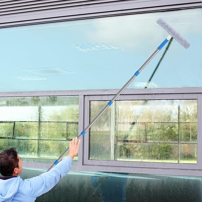 15 Feet High Reach Window Cleaning Kit with Extension Poles, Window Cleaner Tool with 14’’ Silicone Squeegee, Microfiber Scrubber & Cloth, Window Washing Equipment for Indoor/Outdoor Windows