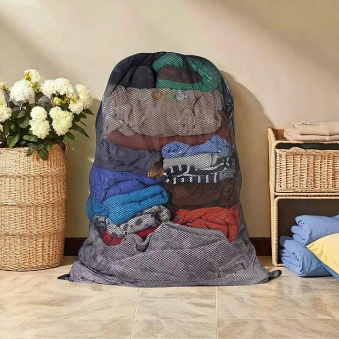 2 Pack Large Mesh Laundry Bag, Heavy Duty Mesh Laundry Bags Drawstring Lockable, 27×36inch Black Laundry Hamper Liner, Machine Washable, for Ball Storage, Travel, Toys, Sports Factories, Dorms