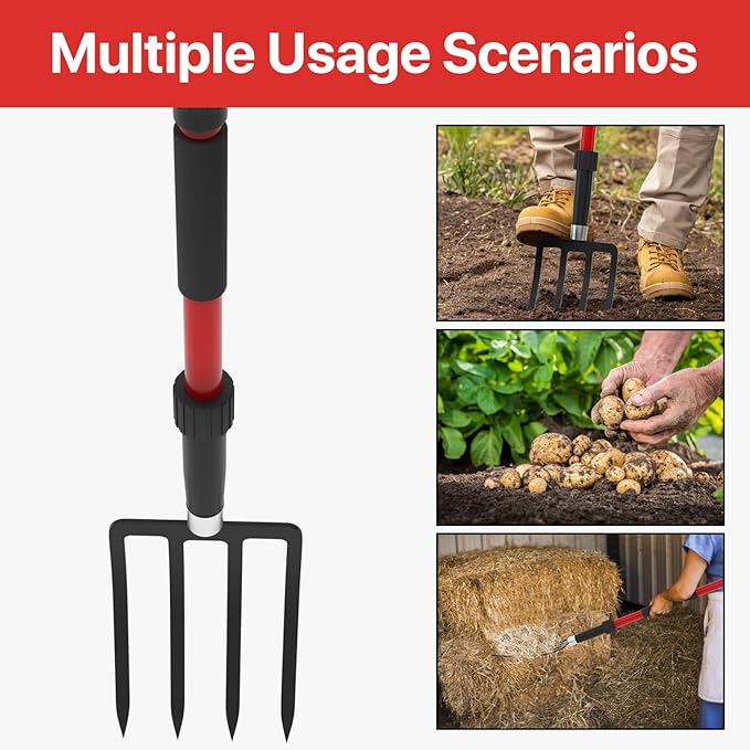COSITA Pitch Fork for Garden, 44-Inches Pitchfork with Fiberglass Handle, Gardening Spading Fork with 4 Metal Tines, Heavy Duty Pitchfork for Manure, Mulch, Digging, Aeration, Red