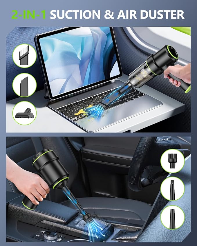 CODN Handheld Car Vacuum Portable Cordless 12000PA, 2 in 1 Handheld Vacuum Cleaner and Air Duster with Multi-Nozzles and LED Light, Mini Hand Held Vacuum Rechargeable for Home, Car, Office, Pet Hair