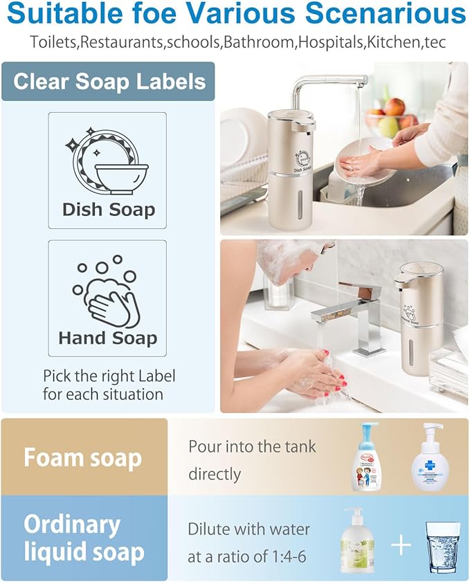 Automatic Foaming Soap Dispenser,4-Level Adjustable Foam, Wall Mount,USB Rechargeable,12.8oz/ 380ml,Touchless Hand & Dish Soap Dispenser for Bathroom, Kitchen,Hotel, Restaurant