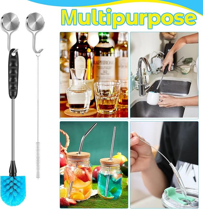5 Pack Bottle Cleaning Brush Set, Stainless Steel Scrub Cleaner Brush with 15'' Long Handle and 3 Straw Brushes, Flexible for Cleaning Sport Water Bottles, Straws, Coffee Mug, Cups, Baby Bottle
