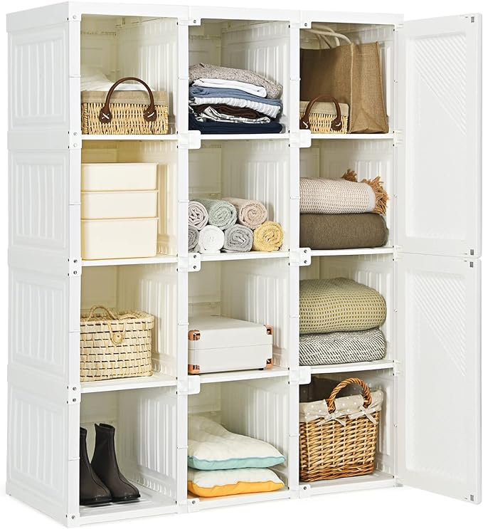 Tangkula Portable Closet Wardrobe, Foldable Clothes Organizer with Cubby Storage, Hanging Rods, Easy Assemble Clothing Storage with Magnet Doors, Folding Bedroom Armoire (12 Cubbies)