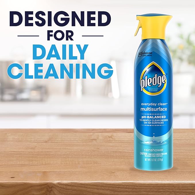 Pledge pH-Balanced Multisurface Spray, Gently Clean 101 Surfaces, Remove Dust and Messes, No Residue - Rainshower Scent, 9.7oz