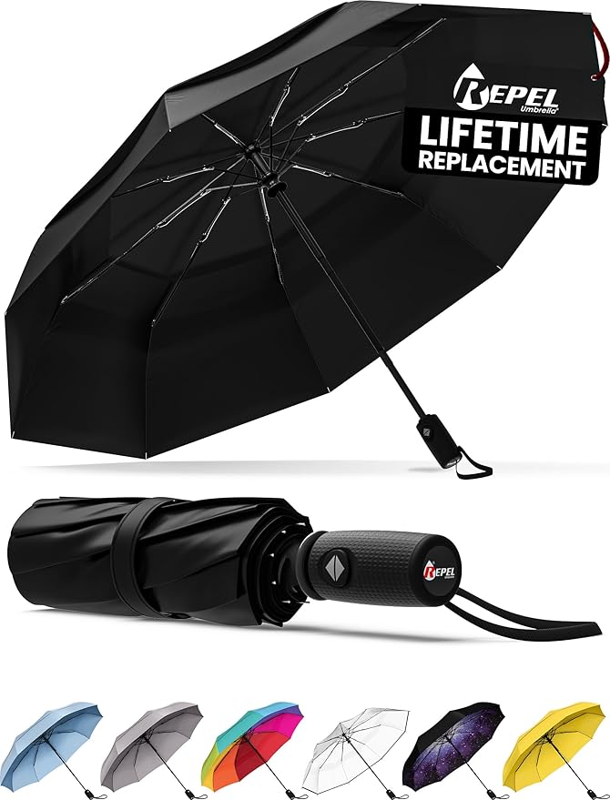 REPEL Windproof Travel Umbrella - Compact & Withstands Winds up to 85MPH , Strongest Premium Auto Folding Umbrella for Rain and Sun - Durable, Light & Portable for Women & Men , Fits Backpack & Cars