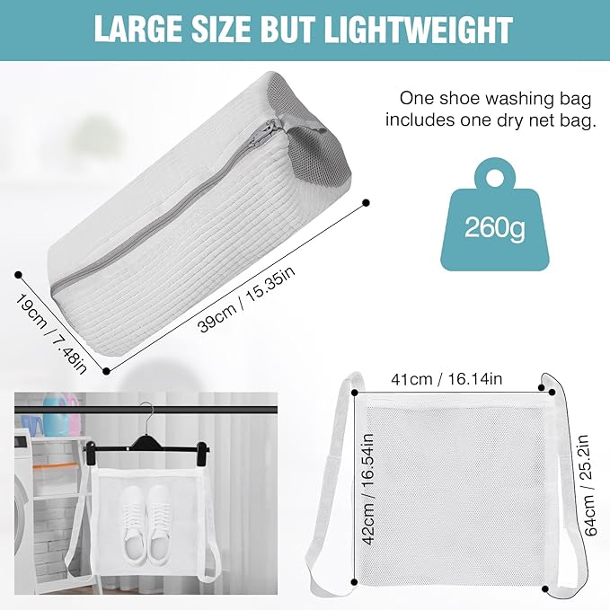 Shoe Washing Machine Bag, 1 Pack Laundry Shoe Bags for Washer and Dryer, Sturdy Zipper with Hook Design,Dry Net Bag Included, Reusable for Sneaker, White 1PCS