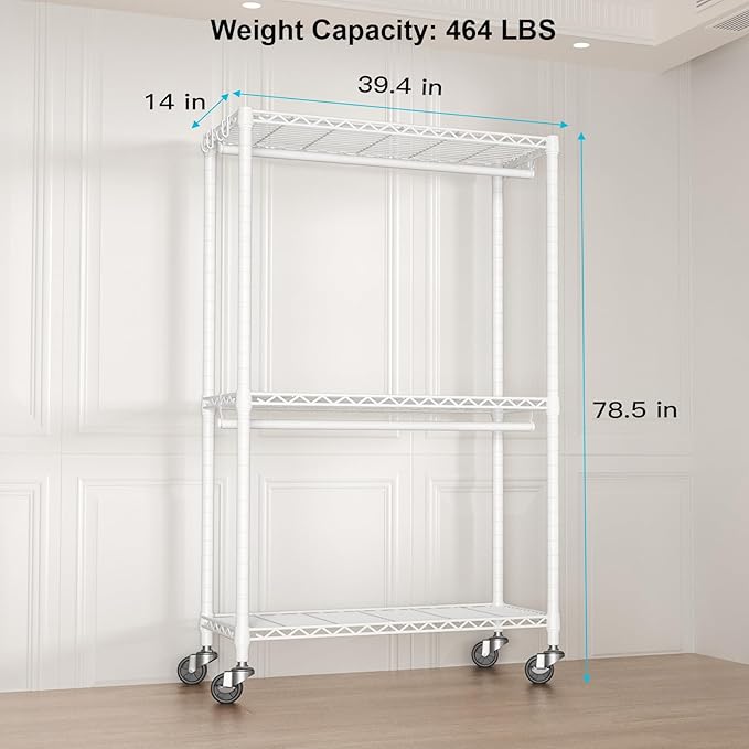 P3 Rolling Clothes Rack, Clothing Racks for Hanging Clothes, Heavy Duty Garment Rack with Wheels, Freestanding Portable Closet Organizer 39.4''W x 14''D x 78.5''H, Max Load 464 LBS, White