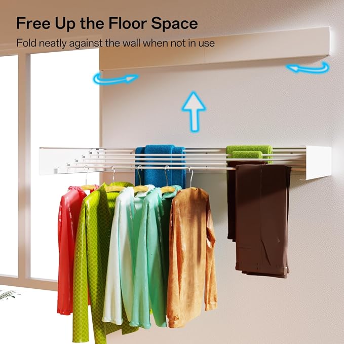 Wall Mounted Drying Rack for Laundry 40'', Folding Drying Rack Clothing Wall Mount with 5 Rods, Space Saving for Indoor Outdoor Bathroom Balcony (White, 40'')