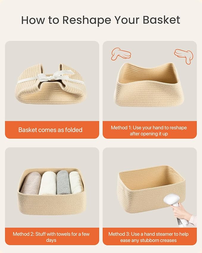 Small Woven Basket, 12 x 8 x 4.5 Inches, Storage Basket for Organizing, Cute Small Rope Shelf Closet Cube Storage Bins Baskets for Shelves, Dog Toy Gift Baskets Empty, 3 Packs, Beige